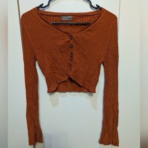 Urban Outfitters Burnt Orange/Rust Ribbed Long-Sleeve Crop Top with Flared Cuffs